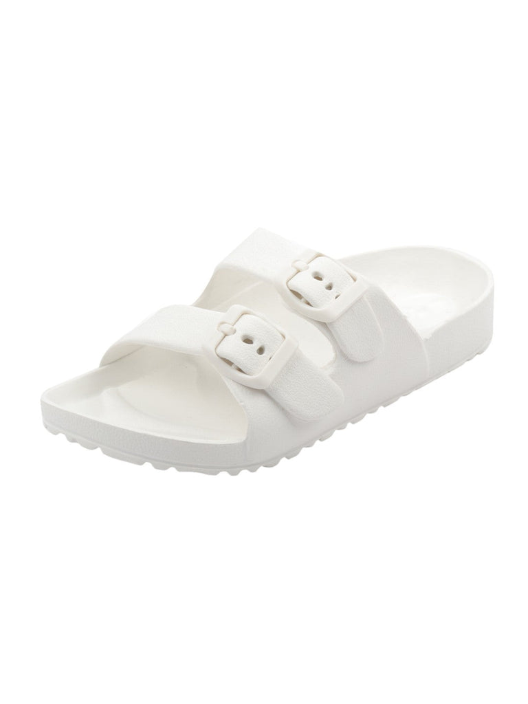 Angle view of Double Buckle Slides for Boys in White with double strap design.