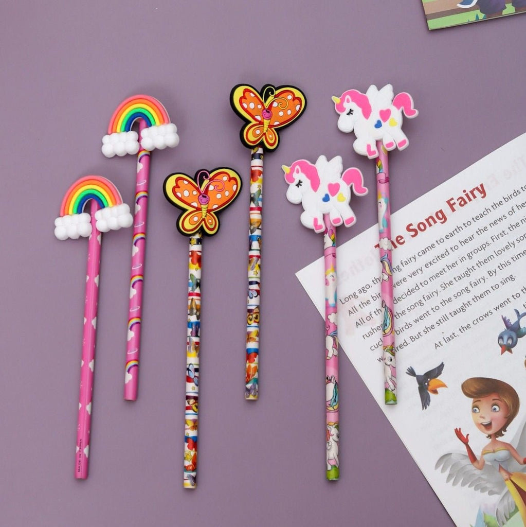 Fantasy Sketchers" multi-colored pencils by Yellow Bee with rainbow, unicorn, and butterfly toppers for creative girls