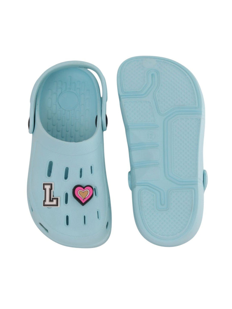 Dreamy Blue Clogs with “LOVE” Letter & Heart Charms for Girls-Front & Back View