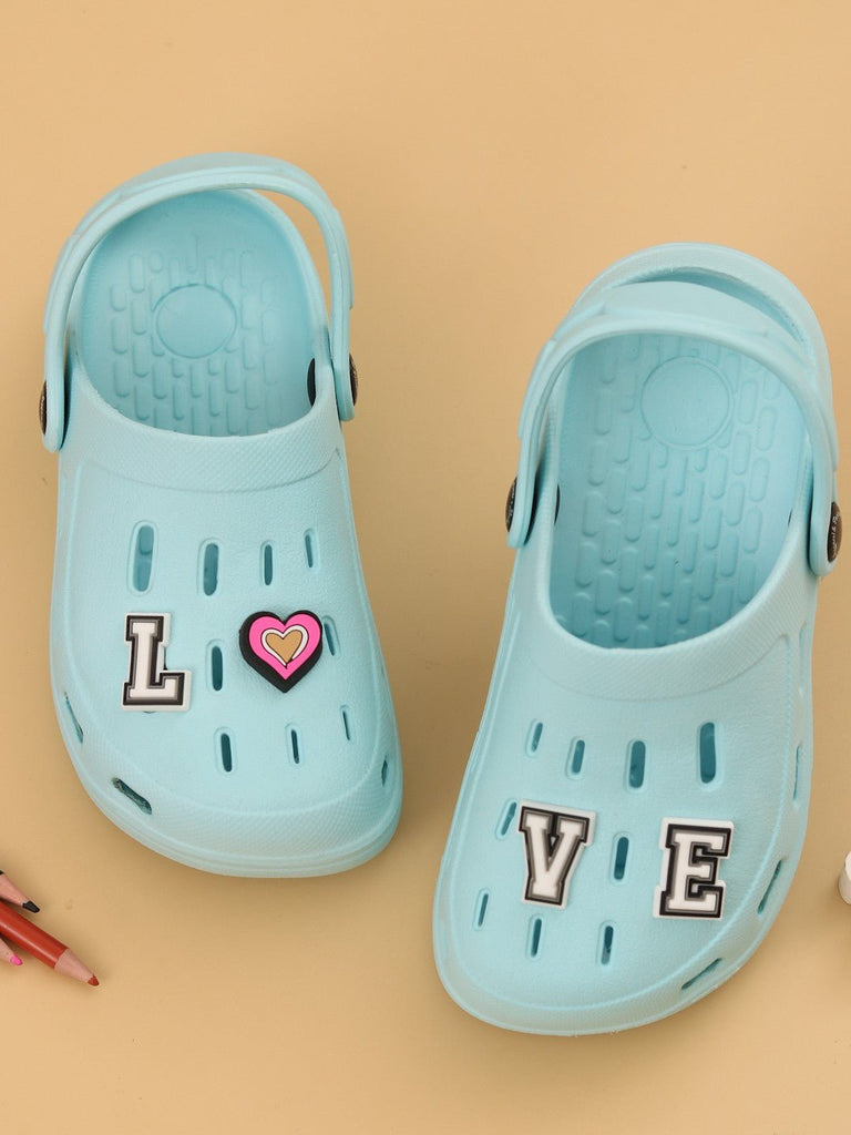Dreamy Blue Clogs with “LOVE” Letter & Heart Charms for Girls-Creative view