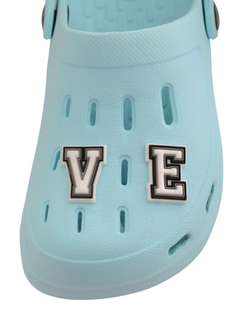 Dreamy Blue Clogs with “LOVE” Letter & Heart Charms for Girls-Front View