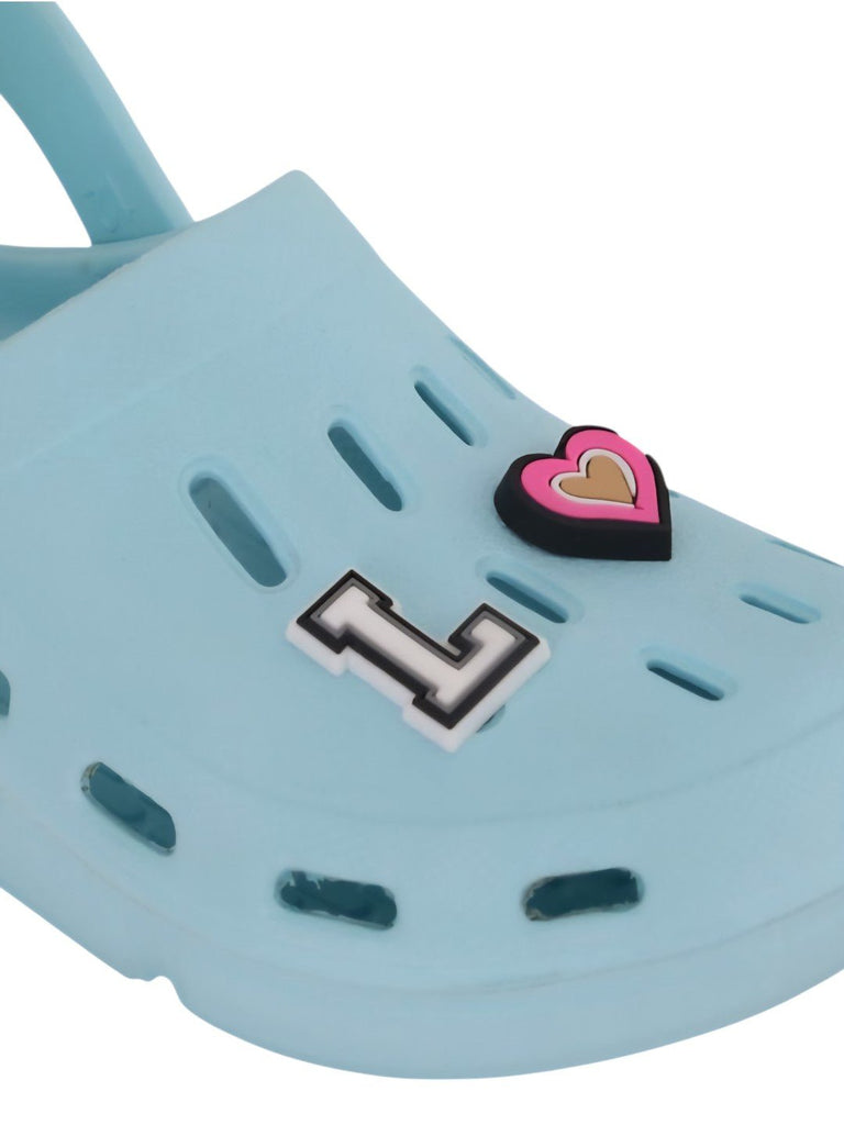 Dreamy Blue Clogs with “LOVE” Letter & Heart Charms for Girls-Close up view
