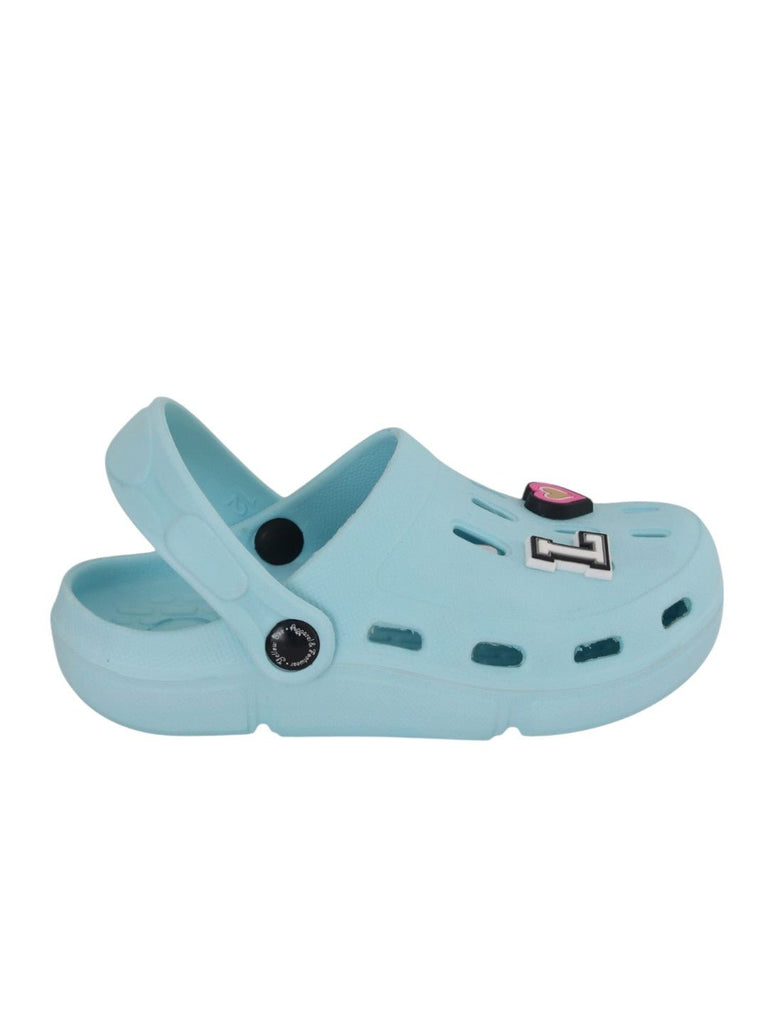Dreamy Blue Clogs with “LOVE” Letter & Heart Charms for Girls-Side View