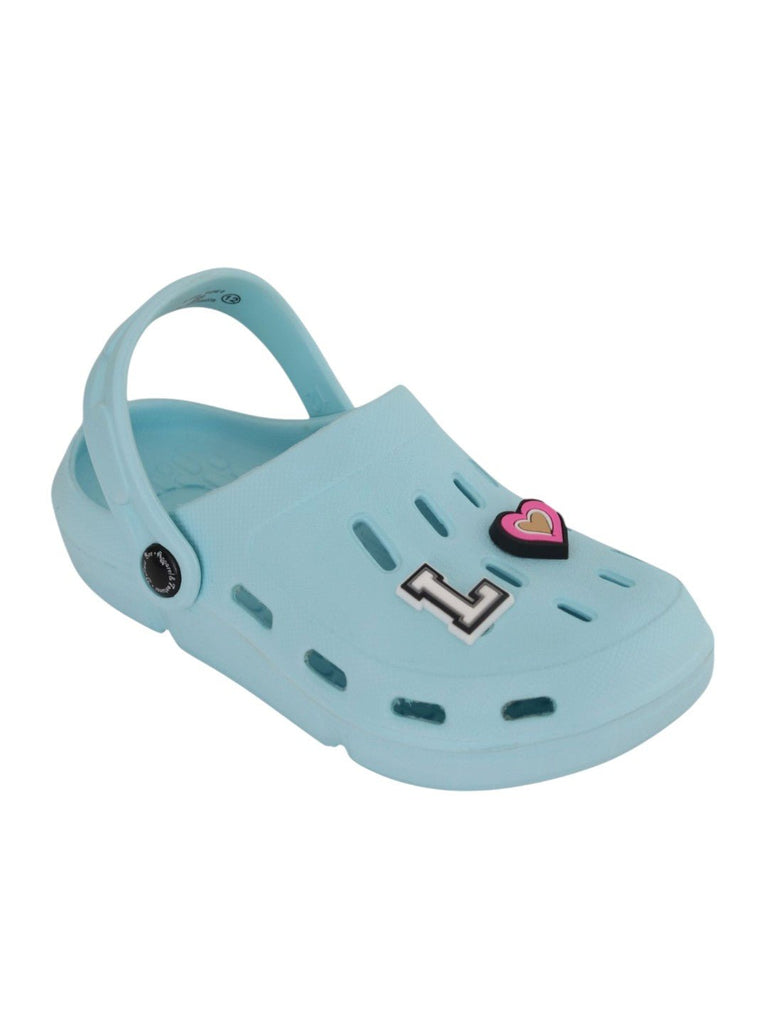 Dreamy Blue Clogs with “LOVE” Letter & Heart Charms for Girls-Angle View