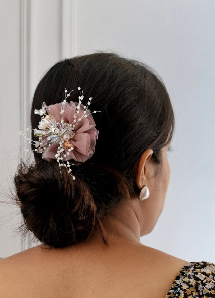 Light Mauve Flower Hair Clip by Yellow Bee with Rhinestone and Faux Pearl Embellishment - Front View