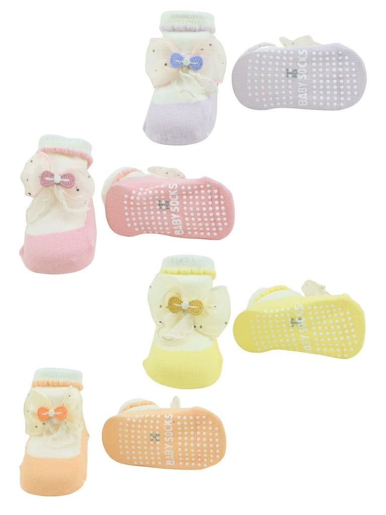 Elegant Baby Cotton Socks with Bow Design for Girls - Multi - Front & Back View