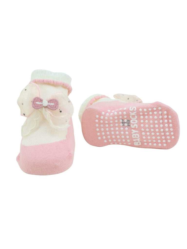 Elegant Baby Cotton Socks with Bow Design For Girls– Pink - Front & Back View