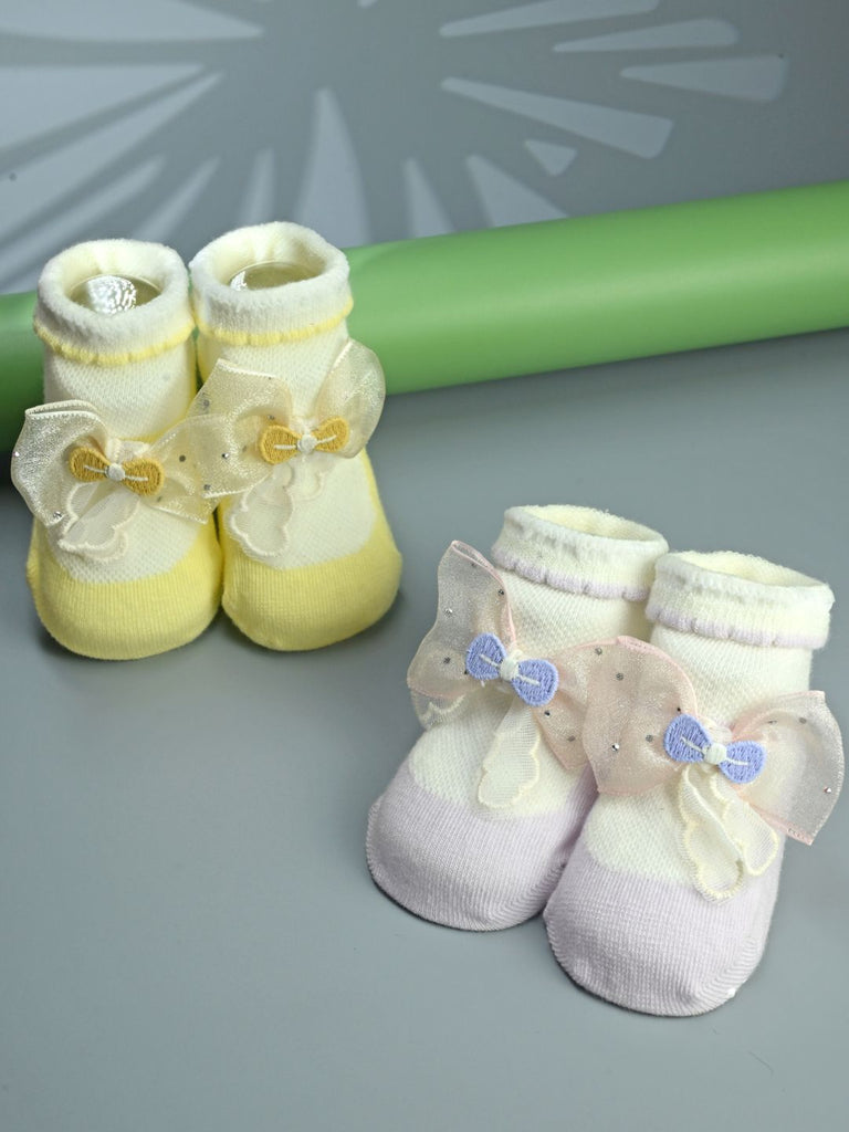 Elegant Baby Cotton Socks with Bow Design for Girls - Purple & Yellow - Creative View