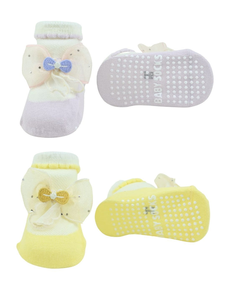 Elegant Baby Cotton Socks with Bow Design for Girls - Purple & Yellow - Front & Back View