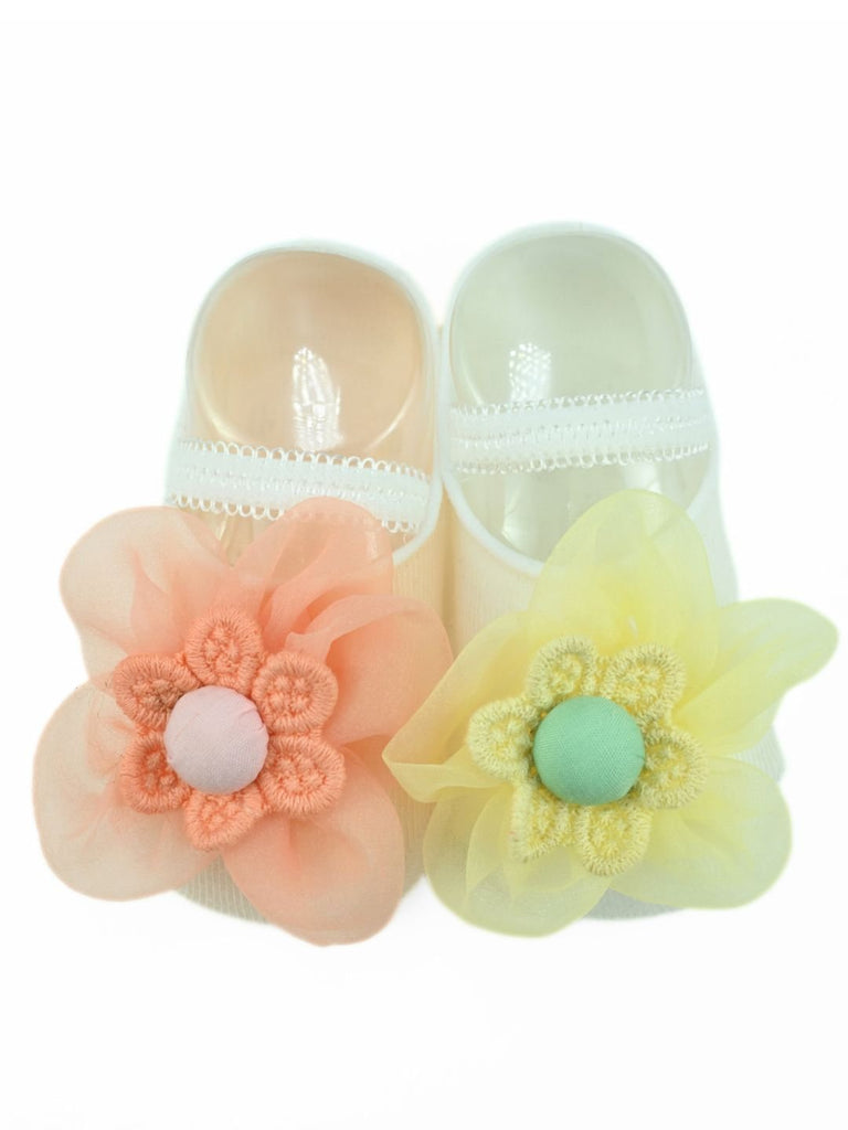 Elegant Baby Cotton Socks with Flower Design for Girls– Orange & Yellow  Front View