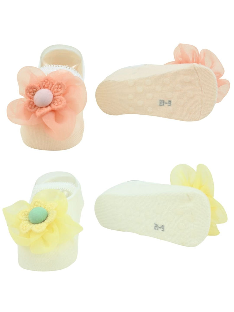 Elegant Baby Cotton Socks with Flower Design for Girls– Orange & Yellow  Front  & Back View