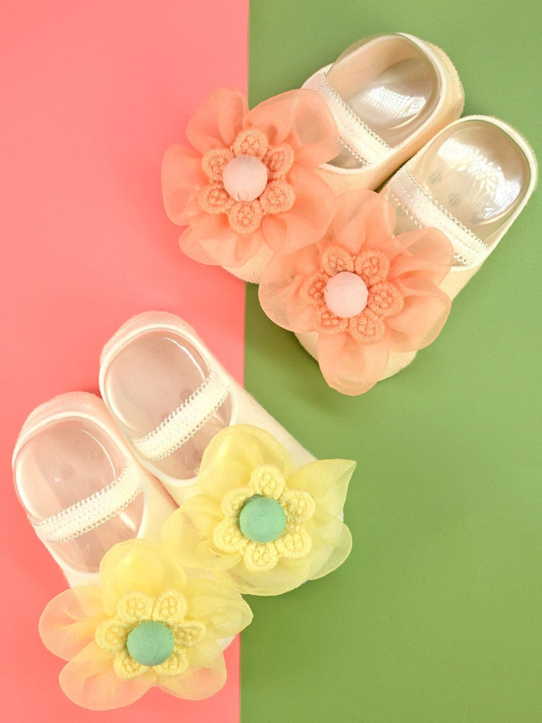Elegant Baby Cotton Socks with Flower Design for Girls– Orange & Yellow  Creative View