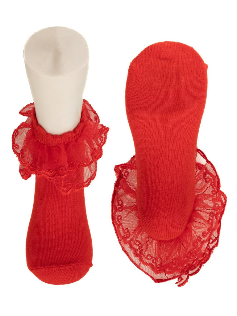 Top View of Elegant Baby Lace Socks in Red – Eyelet Design