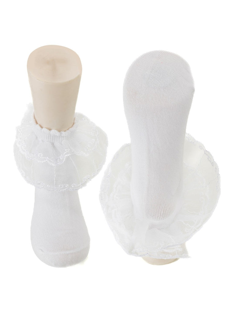 Top View of Elegant Baby Lace Socks in White – Soft and Breathable