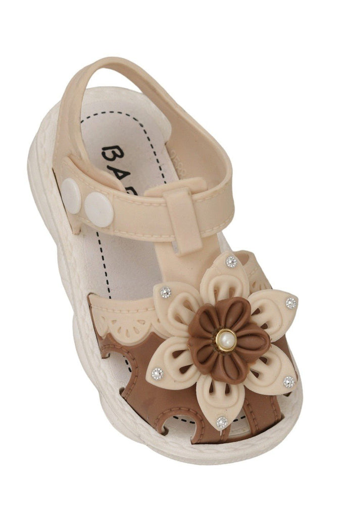 Angle view of Elegant Beige Floral Sandals with Pearl Accents for Girls by Yellow Bee.