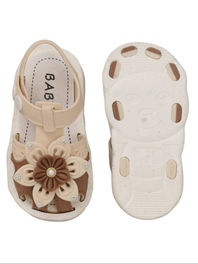 Top & Bottom view of Elegant Beige Floral Sandals, highlighting the intricate design and pearl embellishments.