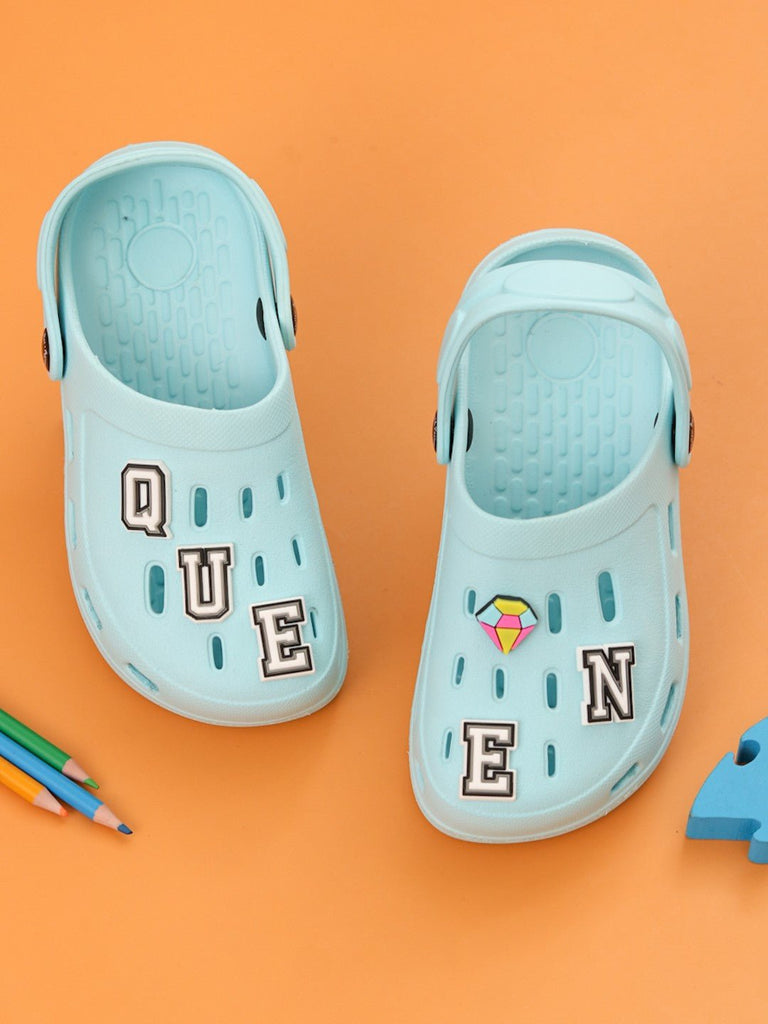 Elegant Blue Clogs with “QUEEN” Letter & Gem Charms for Girls-Creative View