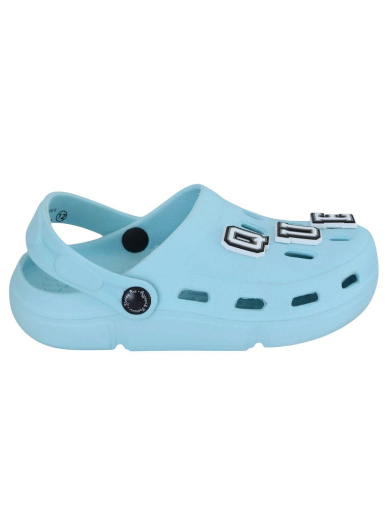 Elegant Blue Clogs with “QUEEN” Letter & Gem Charms for Girls-Side View