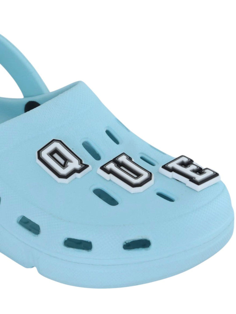 Elegant Blue Clogs with “QUEEN” Letter & Gem Charms for Girls-Close up view