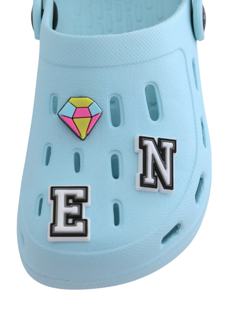 Elegant Blue Clogs with “QUEEN” Letter & Gem Charms for Girls-Front View