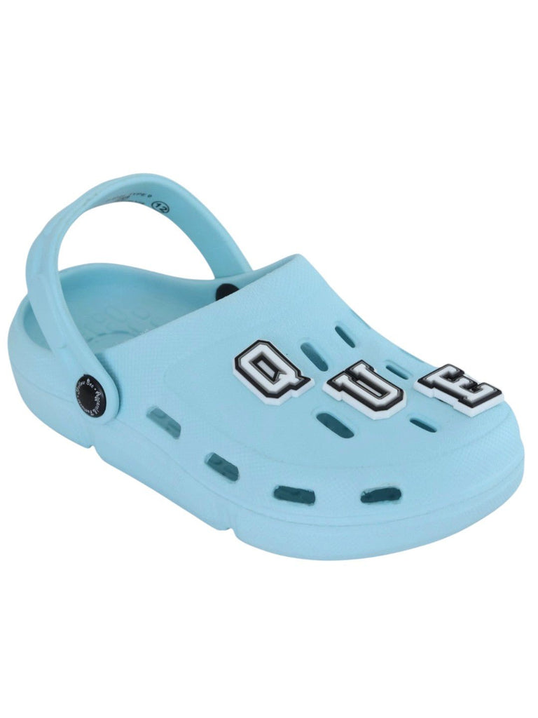 Elegant Blue Clogs with “QUEEN” Letter & Gem Charms for Girls-Angle View