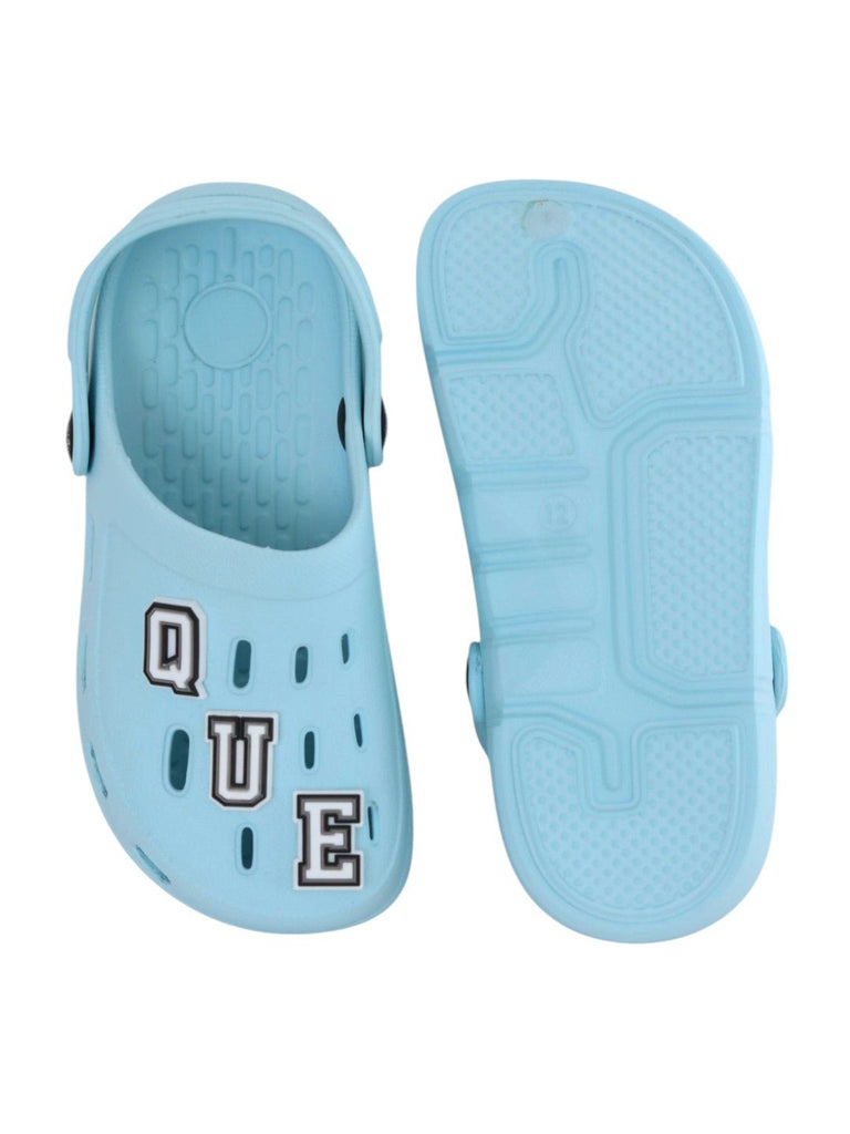 Elegant Blue Clogs with “QUEEN” Letter & Gem Charms for Girls-Front & Back View