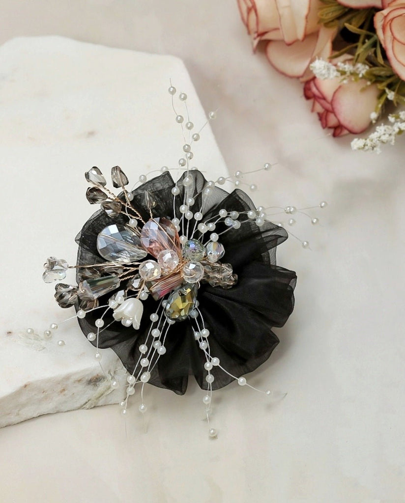 Exquisite Yellow Bee black flower hair clip, embellished with rhinestones and faux pearls, ideal for adding elegance to updos.