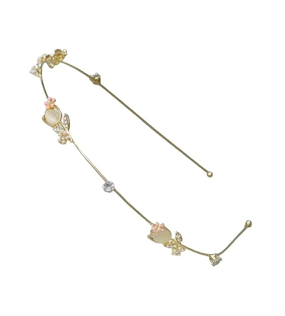Yellow Bee's golden hairband, highlighting the delicate stone-studded tulip design and shiny metallic finish.