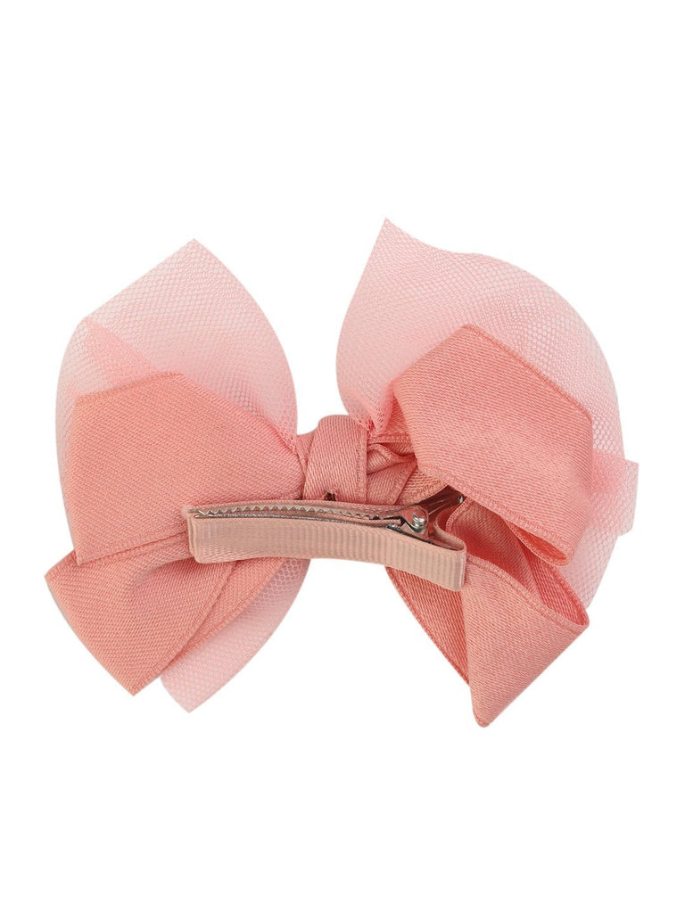 Back view of the elegant peach tulle hair bow for girls featuring a sturdy metal clip by Yellow Bee.