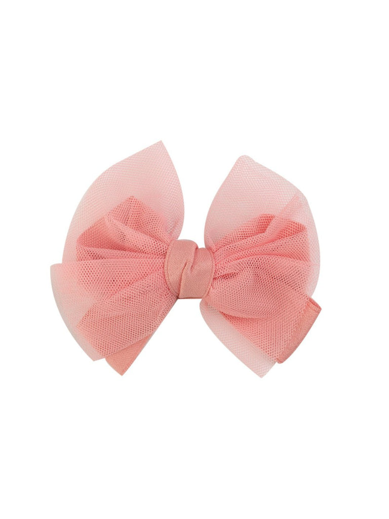 Front view of the elegant peach tulle hair bow with delicate net layers by Yellow Bee.