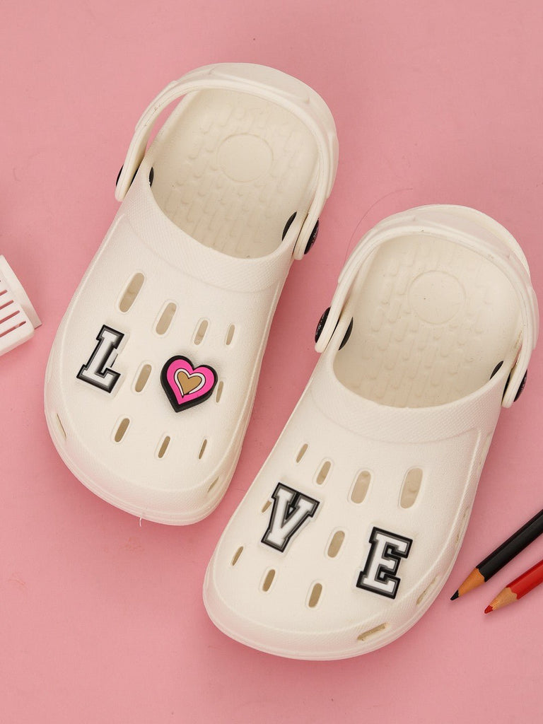 Elegant White Clogs with “LOVE” Letter & Heart Charms for Girls-Creative View