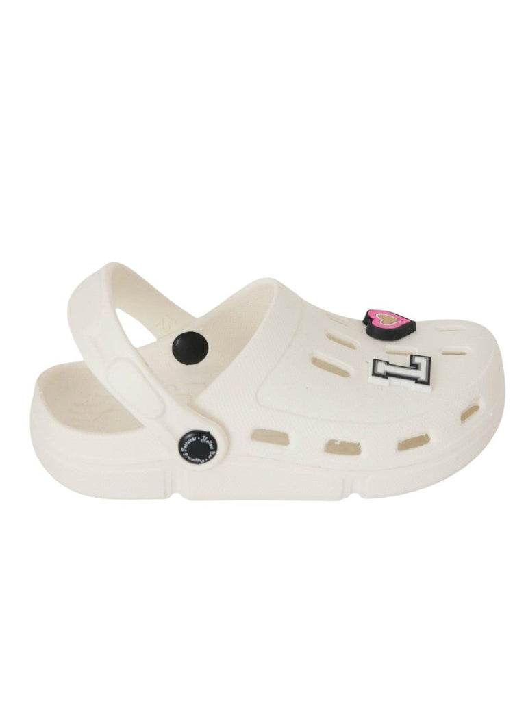 Elegant White Clogs with “LOVE” Letter & Heart Charms for Girls-Side View