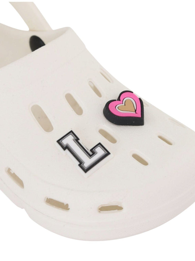Elegant White Clogs with “LOVE” Letter & Heart Charms for Girls-Close up view