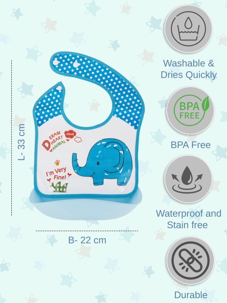 Dimension infographic view of elephant-themed baby bib with waterproof design.