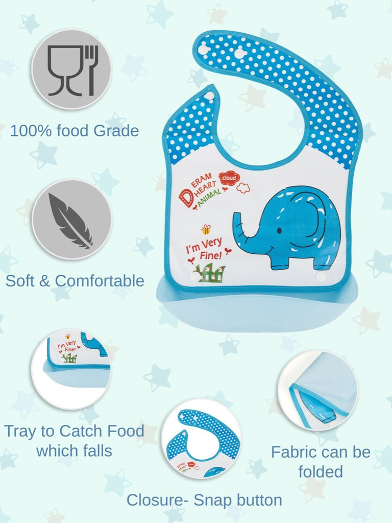 Detailed infographic of elephant-themed baby bib with key features highlighted