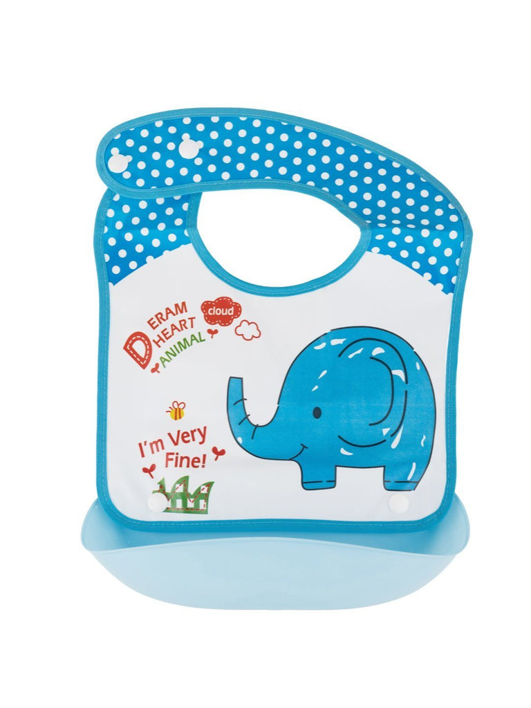 Creative view of elephant-themed baby bib with detachable catch pocket.