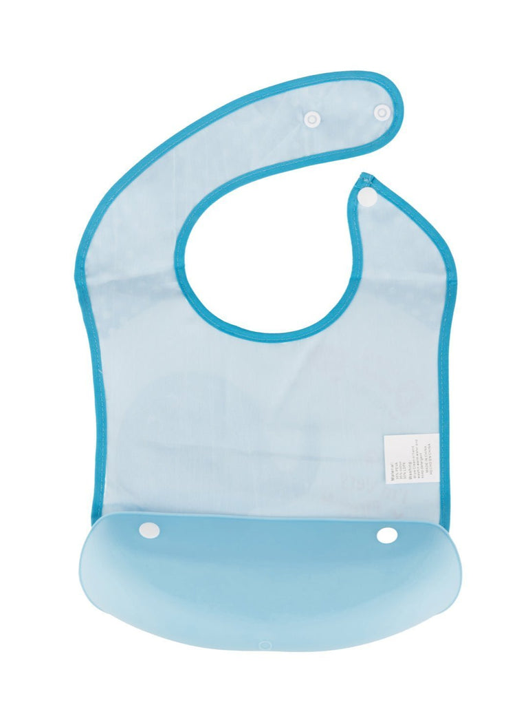 Back view of elephant-themed waterproof baby bib with polka dot trim.