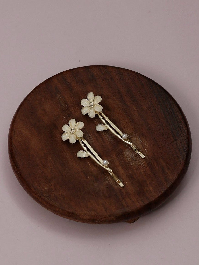  Set of two Yellow Bee acrylic flower hair clips in golden and white, displayed on a wooden background.