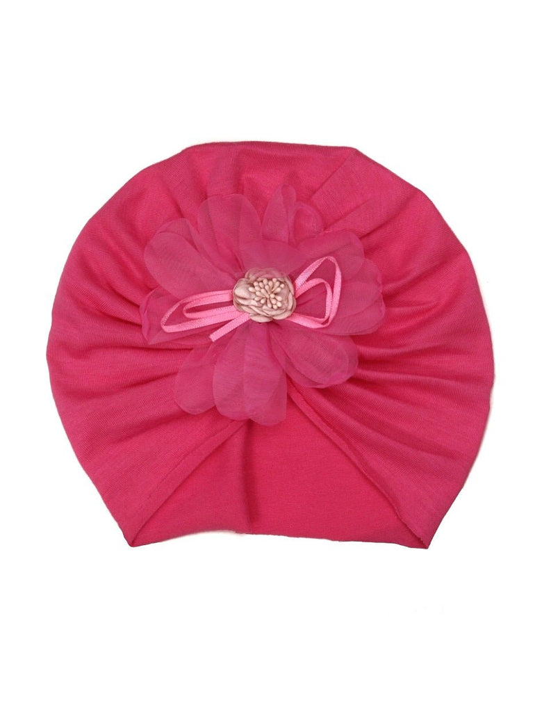 Top view of Yellow Bee's charming dark pink turban with flower top for babies.