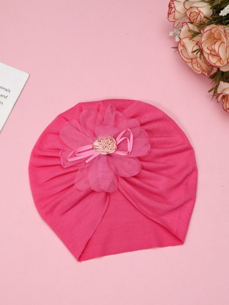 Cute Yellow Bee dark pink turban for baby girls, adorned with a delicate flower on top.