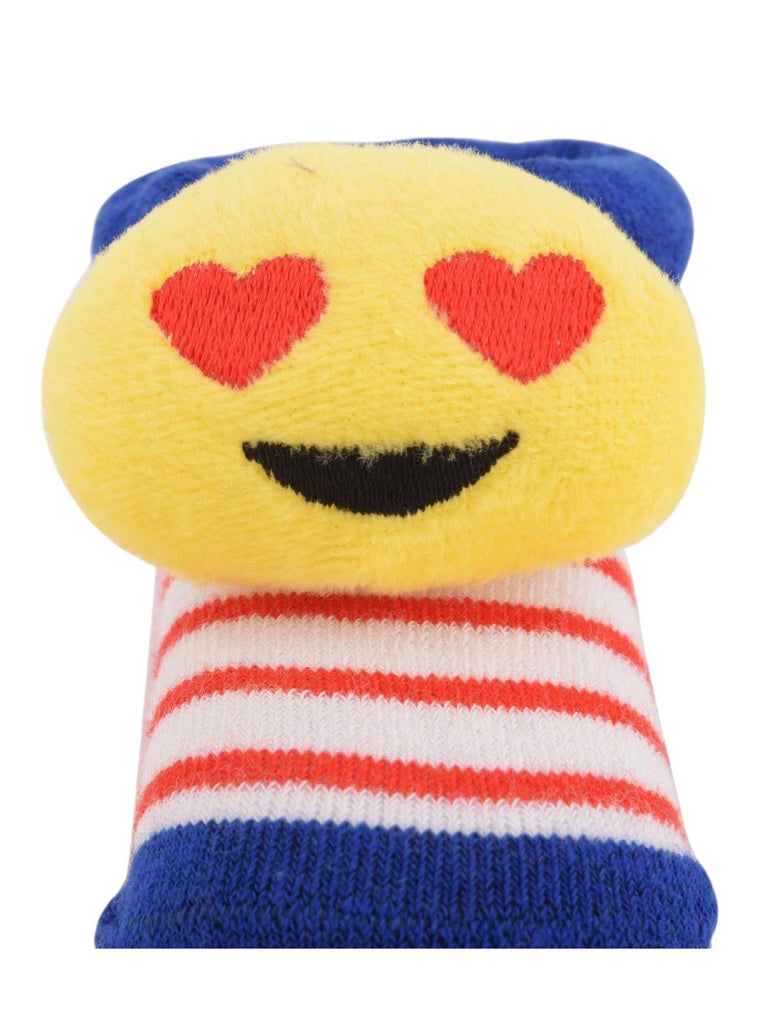  Zoom view of heart-eyes emoji socks, highlighting the plush detail and red-striped pattern.