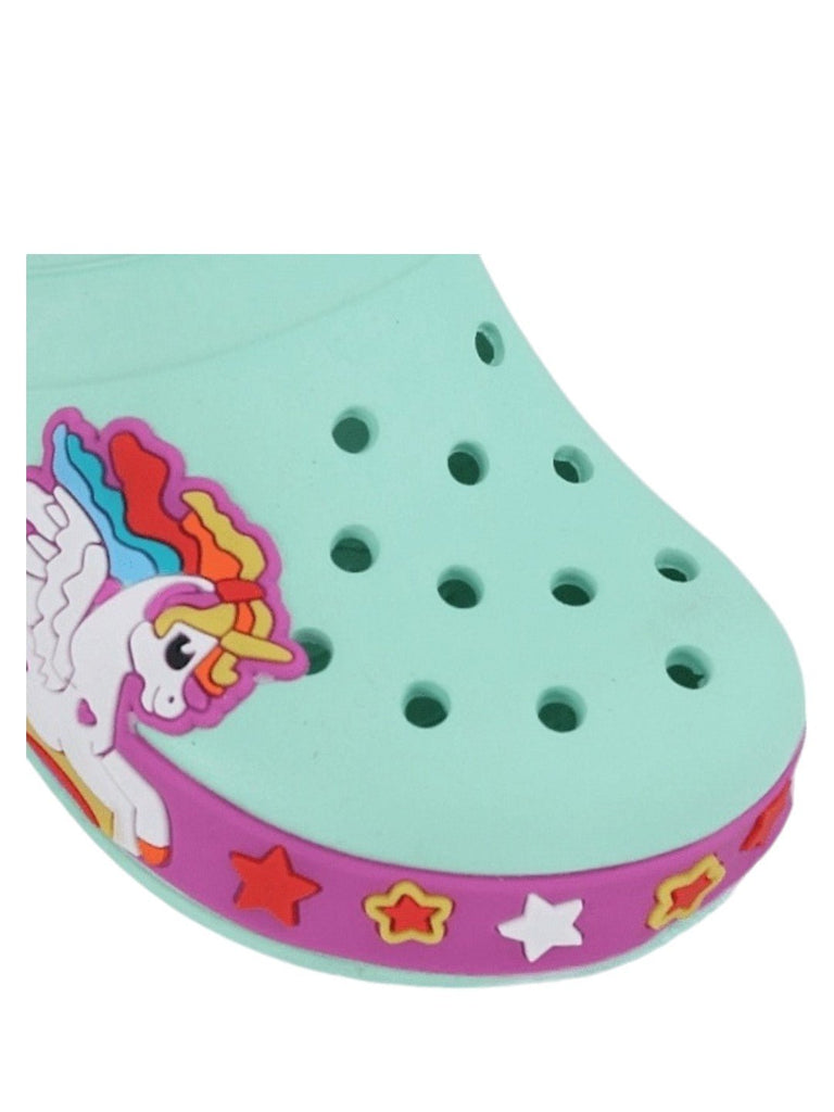 Close-up of the aqua clogs' unicorn and star design, inviting children to a world of imagination