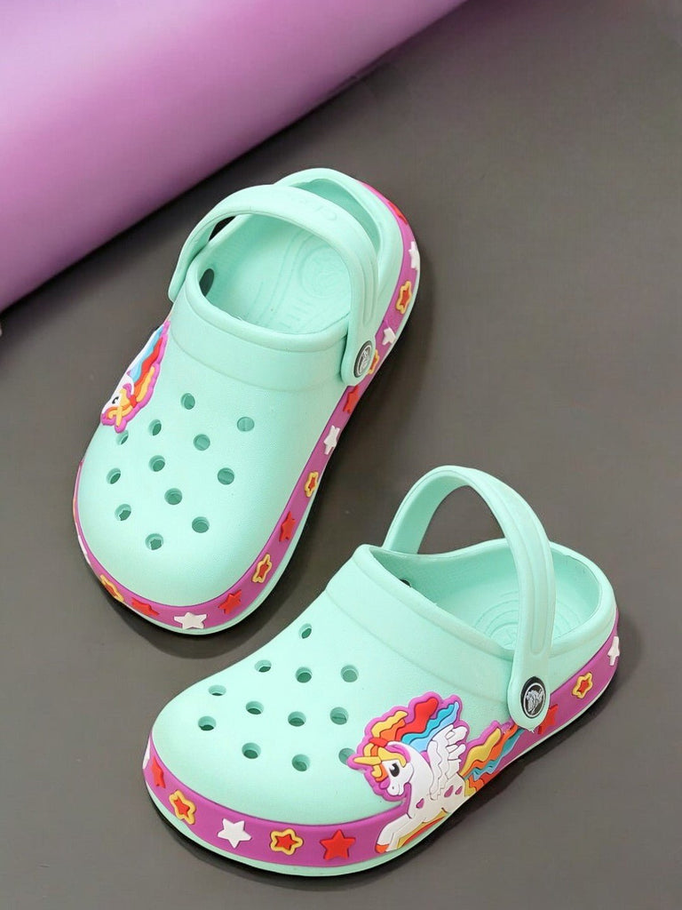 "Child's enchanted aqua clogs with a vibrant unicorn and stars design on a secure strap for playful adventures.