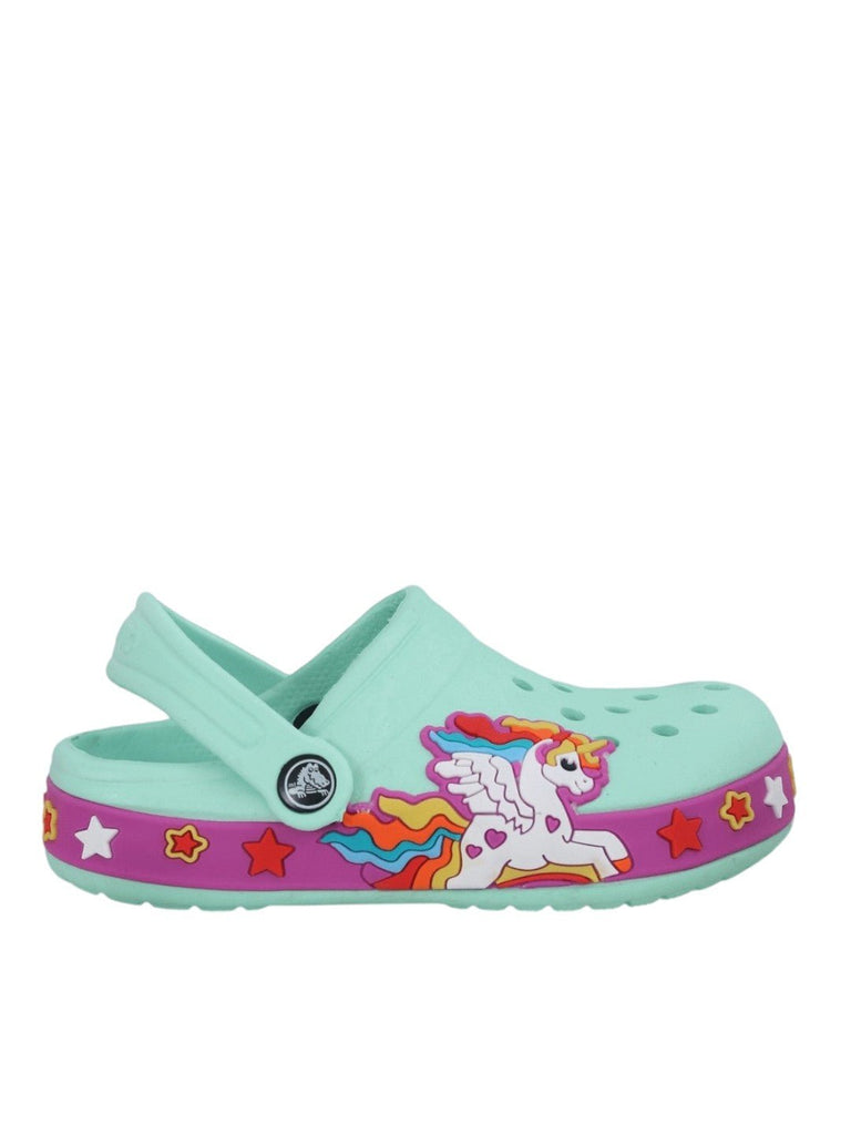 Side view of aqua unicorn-themed clogs, perfect for kids who love a touch of magic in their step.