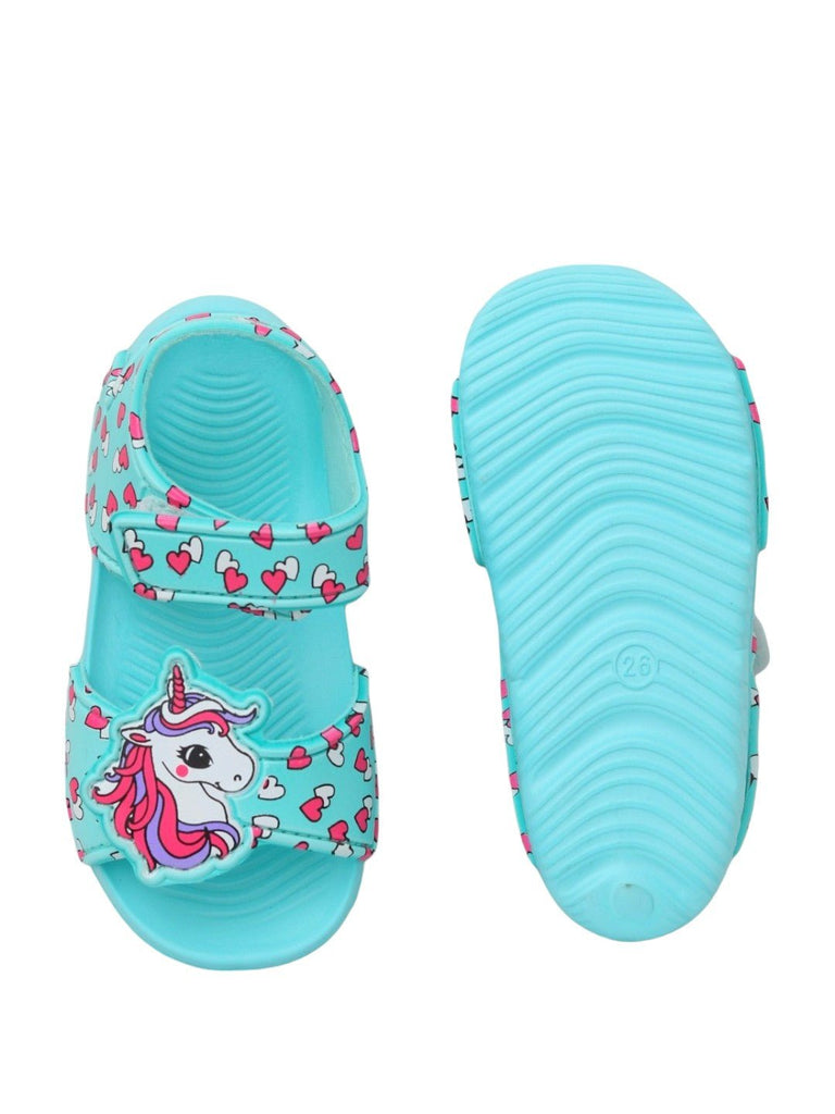 Enchanted Aqua Unicorn Sandals with Heart Accents-Front & Back View