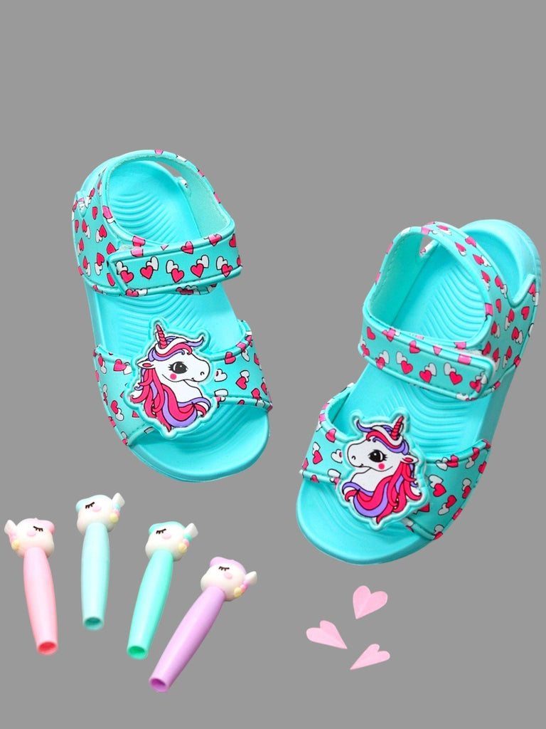 Enchanted Aqua Unicorn Sandals with Heart Accents-creative view