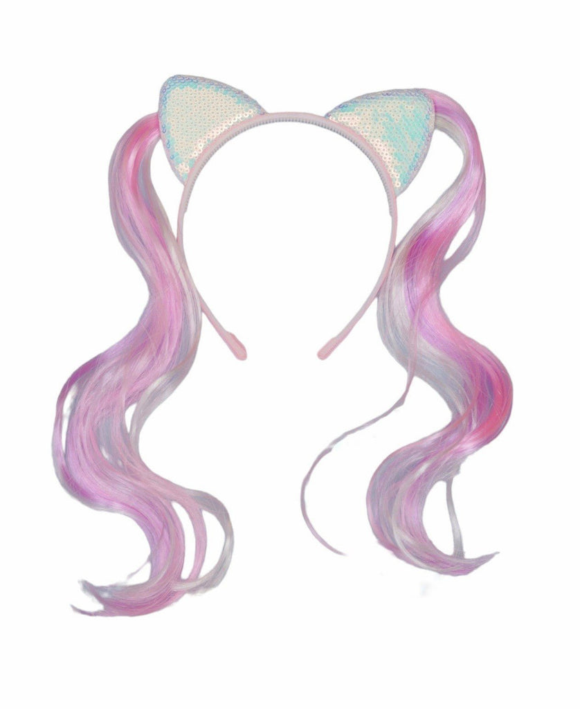 Side view of Yellow Bee Enchanted Iridescent Cat Ears Headband with Pink Tails