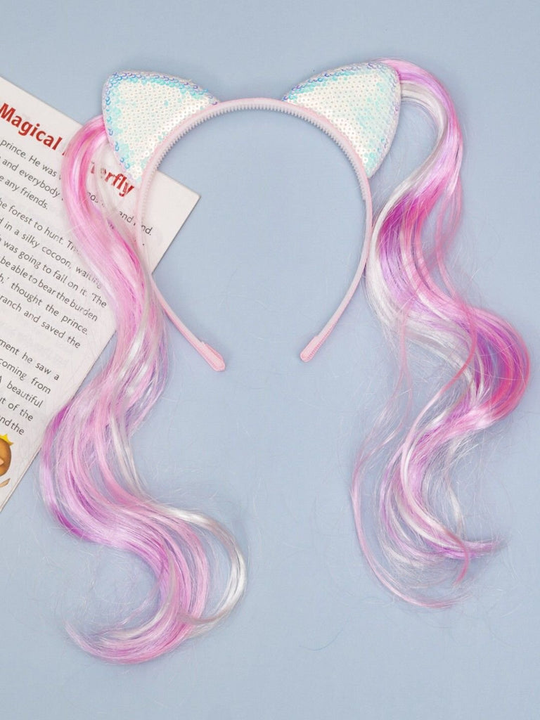 Front view of Yellow Bee Enchanted Iridescent Cat Ears Headband with Pink Tails