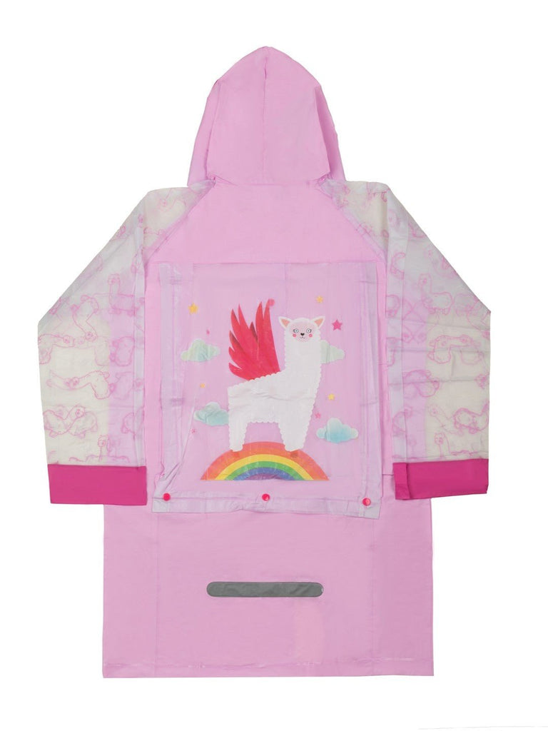 Back view of Enchanted Llama Pink Raincoat for Girls with Cute Ear Details
