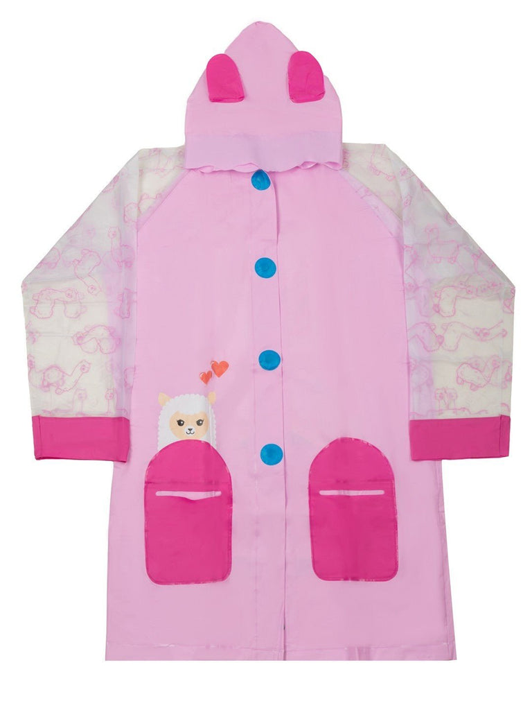 Front view of Enchanted Llama Pink Raincoat for Girls with colorful pockets and cute ears